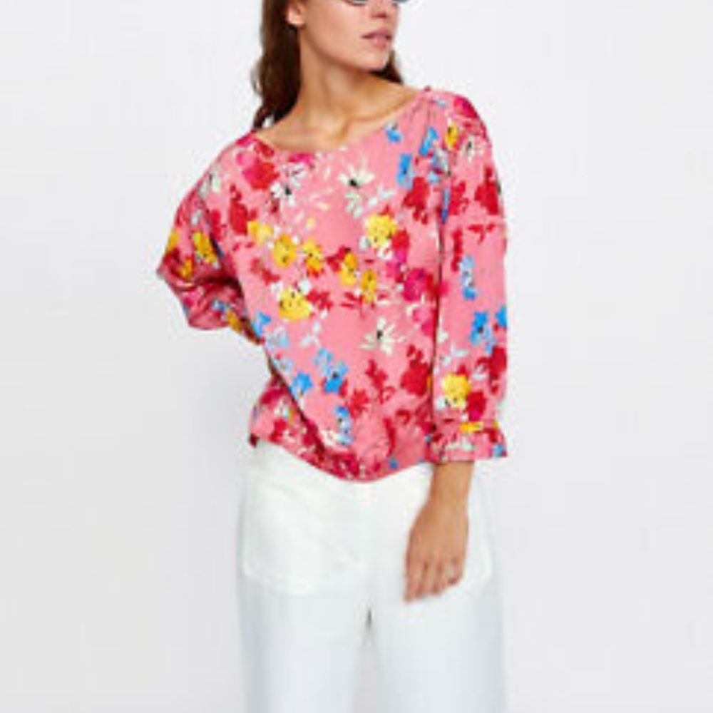 Zara pink floral print blouse ruffle long full bubble sleeve